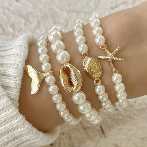 Pearl Bracelets for Women Simulated Pearl Beaded Bracelet White Pearls Stackable Stretch Bracelet Set Multilayered Elastic Pearls Bracelets for Women Bridesmaid Bridal Jewelry - color: gold starfish