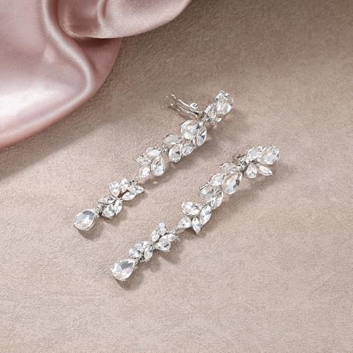 Crysdue Clip On Earrings for Women Rhinestone Crystal Teardrop Cluster Wedding Bridal Non Pierced Long Dangle Earring for Prom Party - color: Clear Silver-Tone