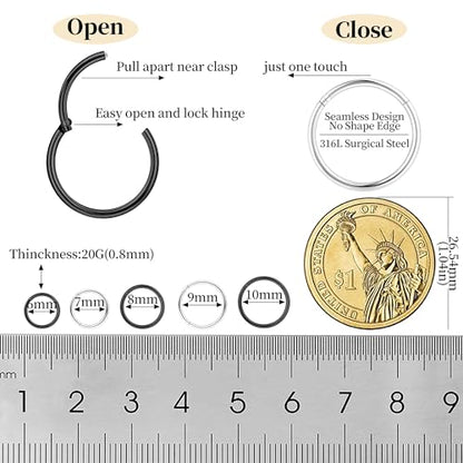 10Pcs 18G 20G Surgical Steel Nose Rings Hoops for Women Men Hinged Seamless Clicker Nose Hoops Cartilage Helix Tragus Daith Sleeper Earrings Hoop Hypoallergenic Nose Piercing 6/7/8/9/10MM - color: silver and black, size: 20G