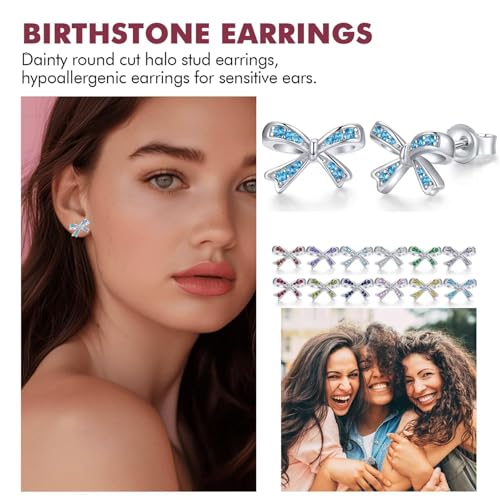 925 Sterling Silver Birthstone Bow Stud Earrings for Girls Women Bow Jewelry Birthday Gifts for Teens Kids Girls Bowknot Stud Earrings - color: 12.December