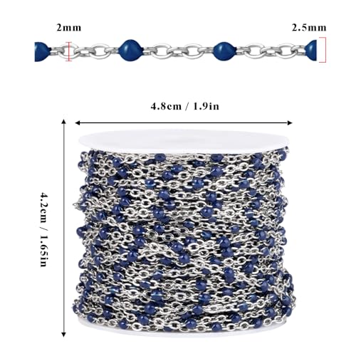 33FT 2mm Stainless Steel Navy Blue Enamel Chains Bulk for Jewelry Making | 304 Stainless Steel Enamel Beaded Cable Chains Roll Spool for Necklace Bracelet Craft - color: Stainless Steel Navy Blue Beads