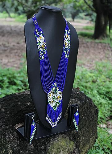 Long Beaded Necklace – Boho Native Handmade Seed Bead Tassel Necklace, Bohemian Large Statement Beaded Necklace for Women - color: Blue/