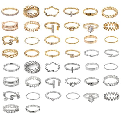 42-Piece Gold Tone Stackable Ring Set for Women, Boho Minimalist Stacking Rings with Crystal & Heart Accents, Adjustable Open Band Jewelry for Daily Wear - style: ZH00096