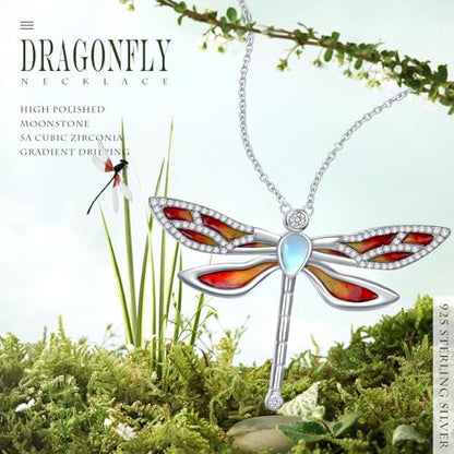 Dragonfly Necklace 925 Sterling Silver Moonstone Necklace Rainbow Stone Dragonfly Jewelry Christmas Birthday Gifts for Women Mom Her - style: Light Orange