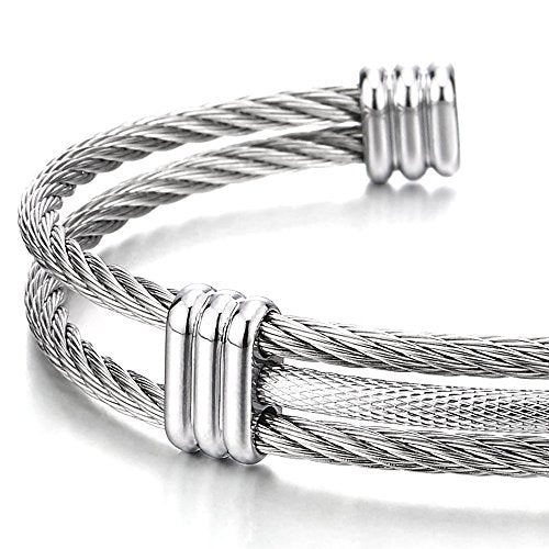 COOLSTEELANDBEYOND Men Women Stainless Steel Twisted Cable Adjustable Cuff Bangle Bracelet - color: A-Metal Color: Silver