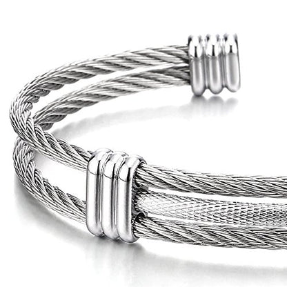 COOLSTEELANDBEYOND Men Women Stainless Steel Twisted Cable Adjustable Cuff Bangle Bracelet - color: A-Metal Color: Silver