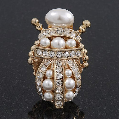 Clear Crystal/Simulated Pearl Egyptian 'Scarab' Beetle Brooch In Gold Plating - 4.5cm Length
