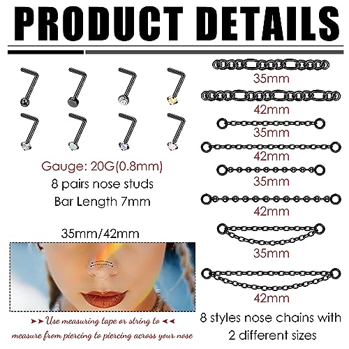 Stainless Steel Nose Rings Chain Horseshoe Nose Ring Body Piercing Jewelry | African Star Heart Studs Horseshoe Nose Cuff Septum Chain Body Piercing Jewelry Set for Women Men, Silver - color: Black