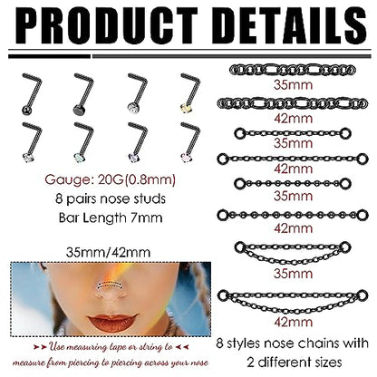 Stainless Steel Nose Rings Chain Horseshoe Nose Ring Body Piercing Jewelry | African Star Heart Studs Horseshoe Nose Cuff Septum Chain Body Piercing Jewelry Set for Women Men, Silver - color: Black