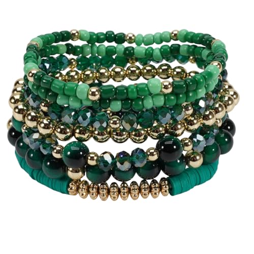 7Pcs Bohemia Multilayer Stackable Crystal Beaded Bracelet Set Multicolor Surfer Heishi Clay Gold Beaded Friendship Stretch Bracelets for Women Men Summer Beach Boho Vacation Jewelry Gifts - color: Green