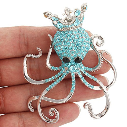 EVER FAITH Women's Austrian Crystal Lovely Octopus Animal Brooch - color: Silver-Tone Light Blue