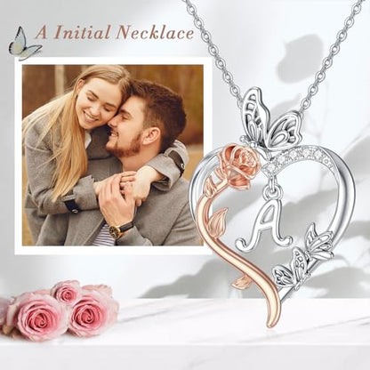 TOUPOP Gifts for Women Her 925 Sterling Silver Rose Heart Initial Necklace Butterfly Heart Jewelry Anniversary Birthday Gifts for Wife Girlfriend Mom - color: A Initial