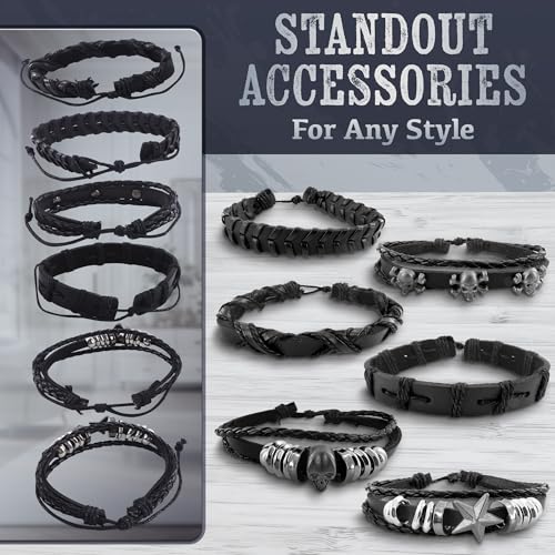 6 Pcs Leather Goth Bracelets, Adjustable 7-11 In, Skull and Star | Emo Bracelet Set, Gothic Faux Cuffs; Punk Rock Wristbands; Braided, Stackable; for Festivals, Alt Outfits and Daily Wear