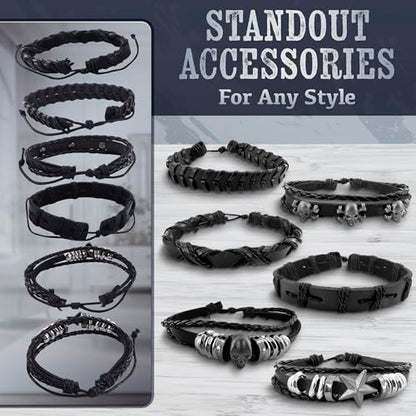 6 Pcs Leather Goth Bracelets, Adjustable 7-11 In, Skull and Star | Emo Bracelet Set, Gothic Faux Cuffs; Punk Rock Wristbands; Braided, Stackable; for Festivals, Alt Outfits and Daily Wear