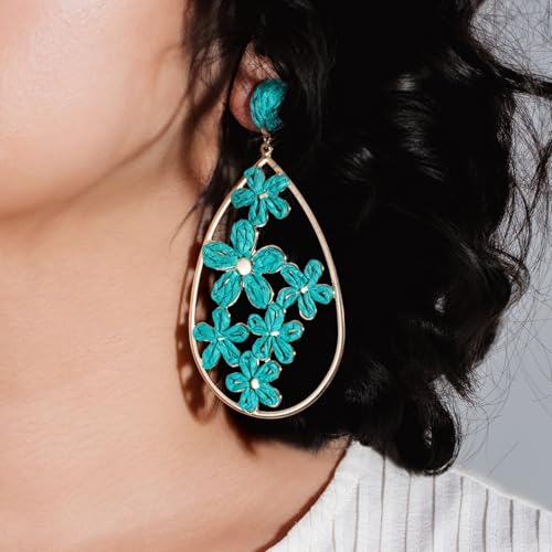 Boho Raffia Flower Teardrop Earrings Cute Colorful Dangle Trendy Jewelry | Floral Drop Statement Big Dangling Earring Hypoallergenic Gold Fun Unique Summer Spring Beach Vacation Outfits for Women - color: Teal