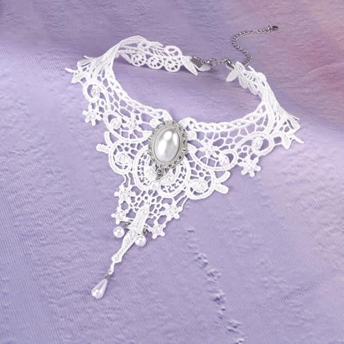 MILAKOO Lace Tattoo Choker for Women Elegant Goth & Elegant Necklace Collarbone Pearl Pendant Collar - color: White A