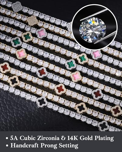 LuxeFlex 4mm Iced Out Four Leaf Tennis Chain,White Gold Plated with 5A Zircon Stones, exquisite Handmade Hip Hop Bling Necklace Perfect Unisex Jewelry Gift - color: White Gold-Green, size: 18 INCH