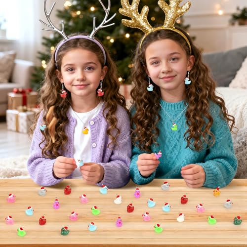 64Pcs Christmas Resin Duck Charm, Luminous Glitter Mini Duck Pendant | Premium Resin, Xmas Ducks Figurines Ornament Pendant, DIY Crafts, Bracelet Necklace Earrings Jewelry Making Decorations - style: Christmas Ducks Style