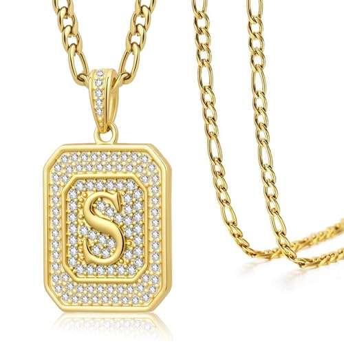 Initial Letter Pendant Necklace for Men Women, 14K/18K Gold A-Z | Square Monogram Pendant Jewelry Waterproof and colorfast with Figaro Chain, Gifts for Women Men - style: 14K Gold S
