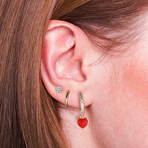 DAILY VIBES Cute Gold Mini Dangle Huggie Hoop Earrings for Women Trendy | 14K Gold Plated, Dainty Cubic Zirconia, Small Hoop Earrings with Charm Drop, Jewelry Gift for Women Ladies - color: Red Heart CZ