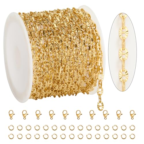 KYUNHOO 9.8 Feet Stainless Steel Jewelry Making Chains for Crafting | Gold Plated Chains Bulk Embossed Oval Chain Links with Lobster Clasps Jump Rings for Handcraft Making Supplies - color: Embossed Oval Gold