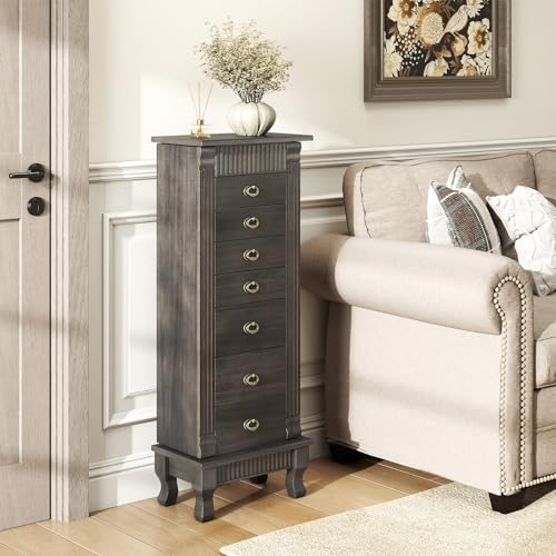Giantex Standing Jewelry Cabinet with 7 Drawers, Flip-Top Mirror, 2 Side Doors with 12 Necklace Hooks, Divided Ring Compartments, Velvet-Lined Jewelry Armoire Organizer Chest (Weathered Gray) - color: Weathered Gray