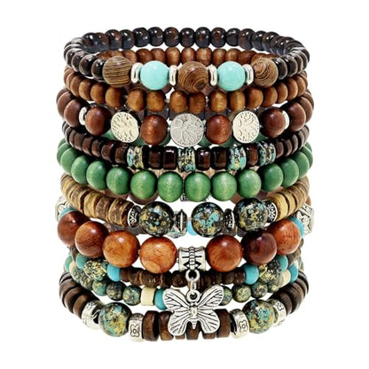 10 Pcs Stackable Bohemian Beaded Bracelets for Women Men, Nature Tree Butterfly Turquoise Wooden Beads Stretch Boho Bracelets Handmade Boho Hippie Western Chic Earthy Jewelry Gift - color: Green Beads