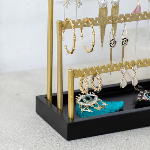 SANY DAYO HOME 3-Tier Earring Holder Organizer Stand, 105 Holes Gold Metal Earring Rack Jewelry Display Tree with Black Wood Tray for Women and Girls - color: Gold Rack Black Base