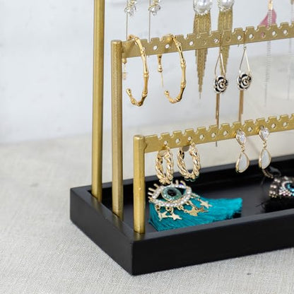 SANY DAYO HOME 3-Tier Earring Holder Organizer Stand, 105 Holes Gold Metal Earring Rack Jewelry Display Tree with Black Wood Tray for Women and Girls - color: Gold Rack Black Base