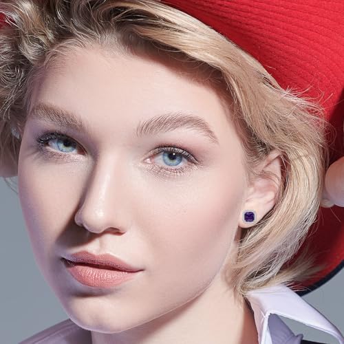 Square Cubic Zirconia Earrings Stud 7mm Birthstone Studs Earrings Hypoallergenic Princess Cut Earrings 925 Sterling Silver Post Studs Earrings for Women - color: amethyst