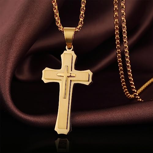 Men's Cross Necklace 316L Stainless Steel Large Heavy Cross Pendant for Men Polished Jewelry Rolo Chain with 22'' 24'' 26'' - color: B-yellow, size: 24 inch