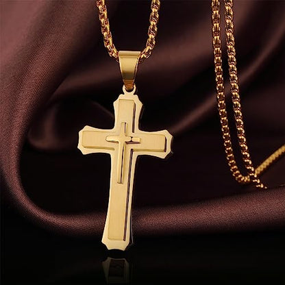Men's Cross Necklace 316L Stainless Steel Large Heavy Cross Pendant for Men Polished Jewelry Rolo Chain with 22'' 24'' 26'' - color: B-yellow, size: 24 inch