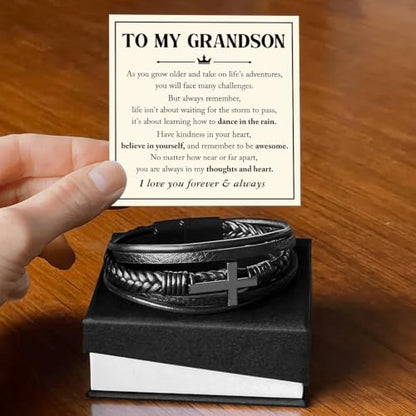 To My GrandSon Bracelet – Cross Braided Leather Bracelet, Meaningful GrandSon Gift from Grandpa & Grandma with Heartfelt Message Card & Elegant Gift Box for Birthday, Christmas, Graduation - color: Version#6