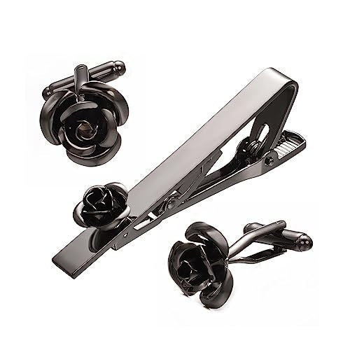 Pearl Rose Tie Clip Cufflinks Set for Men Gold Silver Gun-black Cufflinks and Tie Clip Groom Wedding Business Jewelry - style: Rose Set-Black