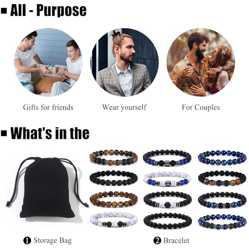 Giovanchi 4-12PCS Bracelets for Men, 8MM Mens Bracelets Lava Rock Black Obsidian Howlite Tiger Eye Beaded Natural Stone Bracelet Jewelry Gifts for Birthday Christmas - style: 12Pcs G