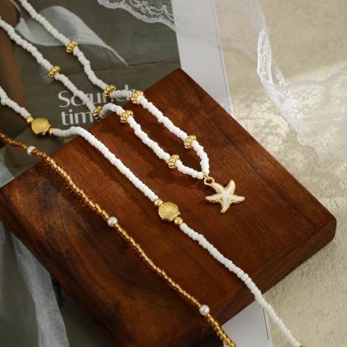 Hothty Layered Shell Starfish Necklaces for Women,Dainty Waterproof Boho Charm Pendant Necklace Seashell Pearl Beach Necklaces Set Jewelry Gifts - color: Starfish Necklace-295