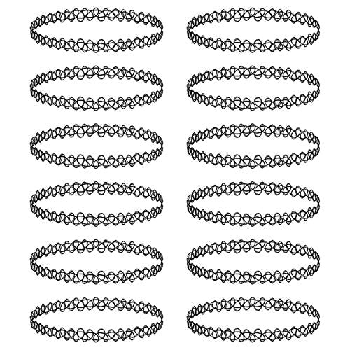 BodyJ4You 12PC Tattoo Choker Necklace - 90s Accessories 2000s Jewelry Y2K Fashion Vintage Trendy - Rainbow Goth Black Pink Green Blue White - Adjustable Stretchy Elastic Necklace Summer Vacation Set - color: Black