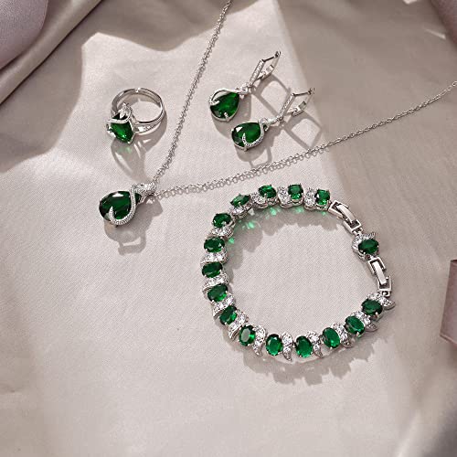 EVER FAITH Wedding Jewelry Set for Bride Bridesmaid, Glamour Teardrop Cubic Zirconia Pendant Necklace Earrings Tennis Bracelet Open Ring Sets for Birthday/Valentine's Day/Mother's Day/Christmas - color: A_Green Silver-Plated-Brass