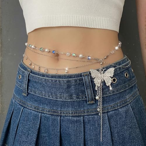 Butterfly Belly Chain - Silver Waist Chain for Women Layered Pearl Rhinestone Y2K Body Jewelry Adjustable Summer Beach Accessories for Bikini Festival Rave Outfits，gift for her jewelry.