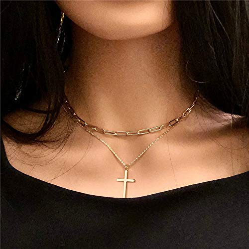 Turandoss Dainty Layered Choker Necklace, Handmade Y Pendant Necklace Multilayer Bar Disc Necklace Adjustable Layering Choker Necklaces for Women - style: 3PCS - Link Chain&Beads Chain&Cross