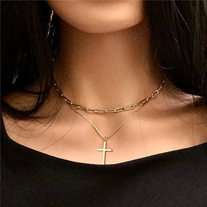 Turandoss Dainty Layered Choker Necklace, Handmade Y Pendant Necklace Multilayer Bar Disc Necklace Adjustable Layering Choker Necklaces for Women - style: 3PCS - Link Chain&Beads Chain&Cross