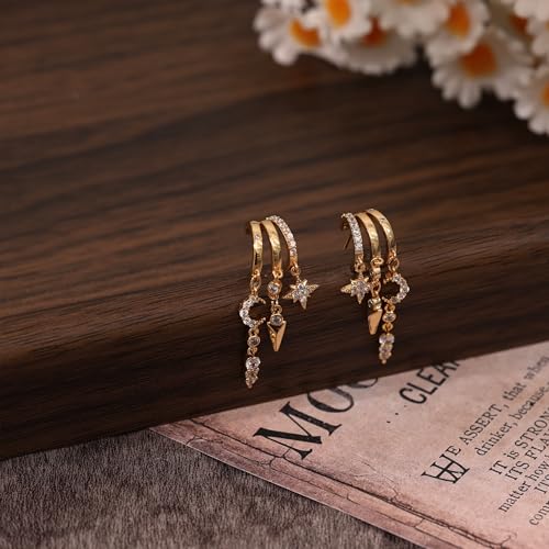 Dangle Earrings for Women,14k Gold Plated Triple Huggie Stud Earrings Cute Statement Chain Earring Dainty Drop Earrings for Women Trendy Gold Plated Jewelry - color: star-Gold