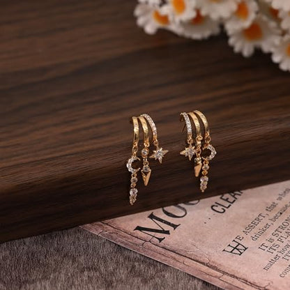 Dangle Earrings for Women,14k Gold Plated Triple Huggie Stud Earrings Cute Statement Chain Earring Dainty Drop Earrings for Women Trendy Gold Plated Jewelry - color: star-Gold