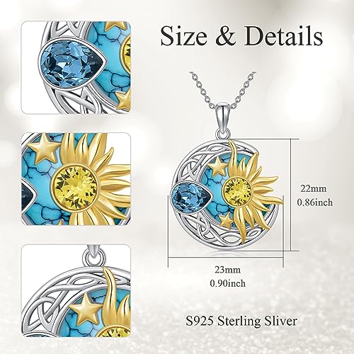 AOBOCO 925 Sterling Silver Moon Sun Star Necklace Celtic Jewelry for Women Girls - color: Silver&Gold&Turquoise