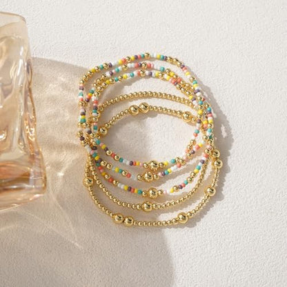 Stack Small Seed Bead Bracelets Set for Women, Boho Handmade Colorful Stretch Accessories Jewelry, Summer Beach Daily Wear Holiday Friendship Gift - color: Rainbow