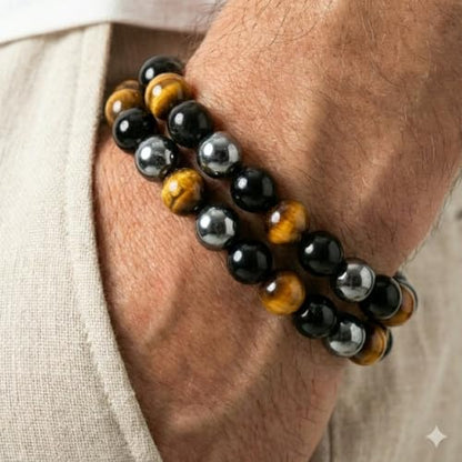 WFJ Black Obsidian Hematite Triple Protection Bracelets Set - Tiger Eye Beaded Natural Stone Bracelet for Men Women Gemstone (10MM) - color: Women’s S–M Wrist -Triple Protection Set of 2