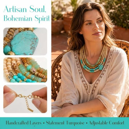 Turquoise Jewelry for Women Chunky Beaded Necklaces Boho Statement Necklace Layered Turquoise Necklaces for Women Fashion Gift - color: Lightblue