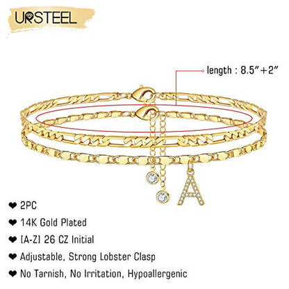 Ursteel Ankle Bracelets for Women, 14K-Gold-Plated Dainty Layered Chain CZ Initial Anklets Set Summer Jewelry Gifts for Women - style: A-Gold-Plated