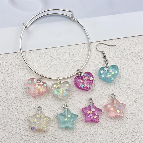 10Pcs Transparent Glitter Sequins Cute Bracelet Charms 3D Star Heart Charms for Jewelry Making Earrings Keychain Charm Aesthetic Resin Charm Pendants for Necklaces DIY Jewelry Craft Accessories