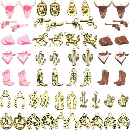 60Pcs Western Cowboy Cowgirl Charms for Jewelry Making DIY Craft Findings | Alloy Boot Cowboy Boot/Hat Horse Cactus Charms/ Pendants for Necklace Earrings Bracelet Keychain